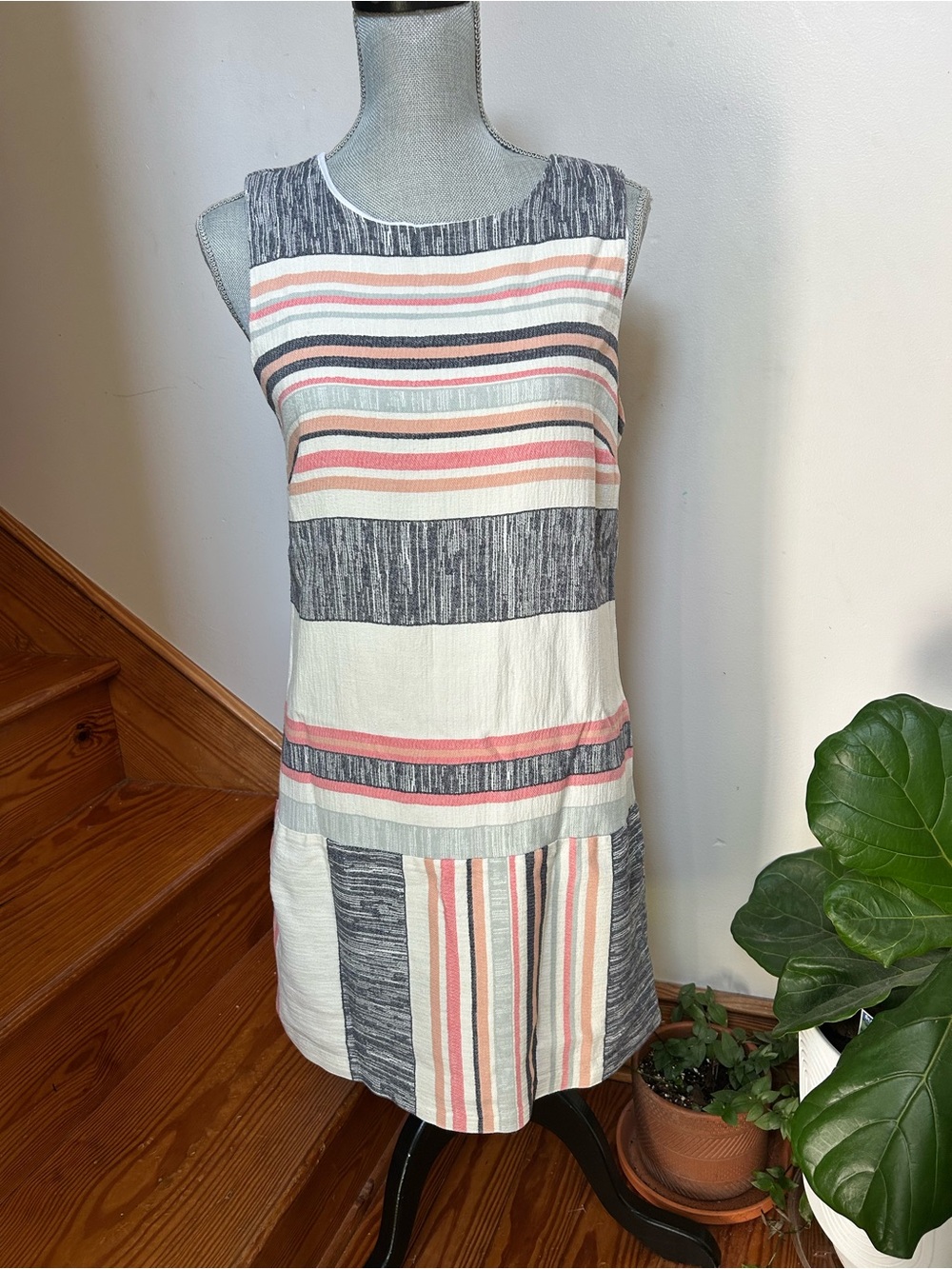 Sleeveless Striped Shift Dress in Cream, Coral & Gray